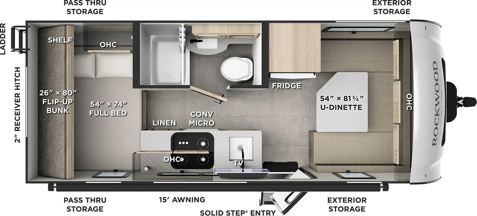 The Rockwood Geo Pro G19DBH floorplan has one entry and zero slide outs. Exterior features include: fiberglass exterior, 15' awning and outside kitchen. Interiors features include: bunk beds and u-dinette.